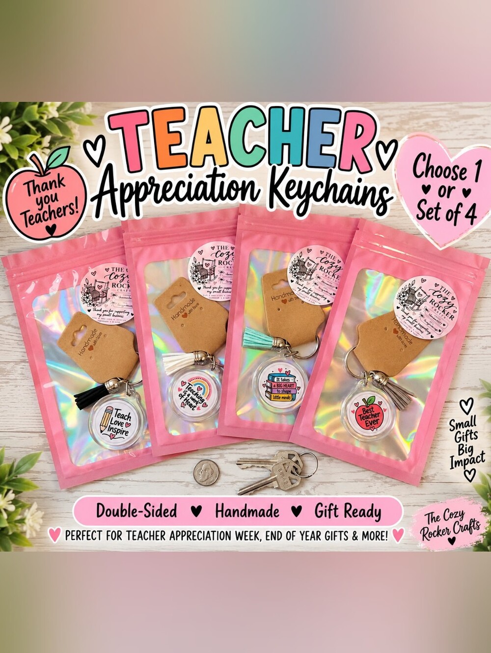 Teacher Keychain Set of 4 ONLY • Cute Teacher Gifts • Classroom & Appreciation